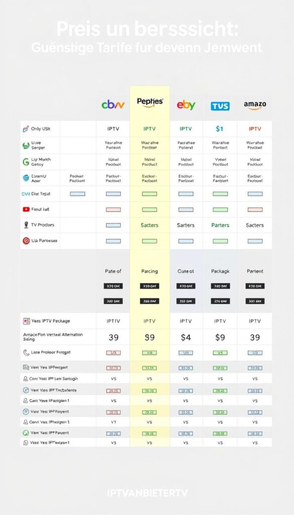 A detailed, visually appealing comparison of IPTV providers and their pricing plans. A clean, minimalist design showcasing various IPTV subscription options, with the IPTVANBIETERTV brand prominently displayed. The image should feature a sleek, modern layout with clear pricing information, icons, and graphics that convey the variety of IPTV packages available to meet different user needs and budgets. The overall tone should be professional, informative, and easy to digest at a glance, reflecting the "Preisübersicht: Günstige Tarife für jeden Bedarf" section title.