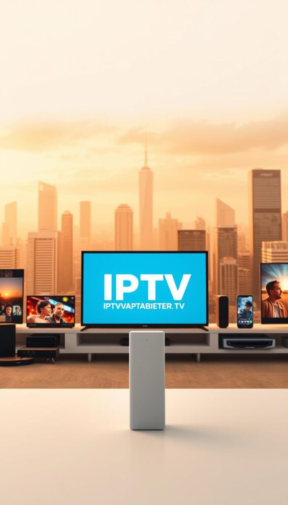 A digital media landscape showcases the advantages of IPTV over traditional TV services. In the foreground, the IPTVANBIETERTV brand logo stands prominently, conveying a sense of reliable and modern IPTV offerings. The middle ground depicts various entertainment mediums, including streaming devices, smartphones, and smart TVs, highlighting the versatility and accessibility of IPTV. The background features a cityscape, symbolizing the widespread availability and integration of IPTV into urban life. The scene is bathed in a warm, inviting lighting, creating a welcoming and attractive atmosphere for the viewer. The composition is balanced, with a clean and minimalist aesthetic that emphasizes the key elements and their significance.