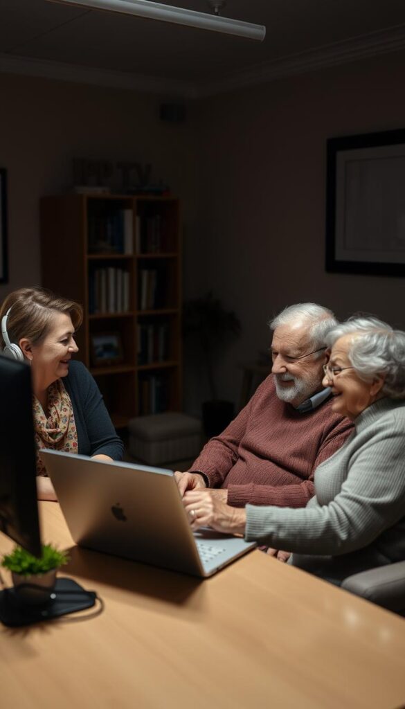 A dimly lit, cozy office setting with an elderly couple seated at a desk, conversing with a friendly, patient IPTVANBIETERTV customer service representative. The room has a warm, inviting atmosphere, with soft lighting and a bookshelf in the background. The senior customers appear engaged and at ease, as the representative guides them through the IPTV setup process on a laptop, their expressions conveying understanding and satisfaction. The scene evokes a sense of trust, care, and personalized attention, reflecting the specialized support for less tech-savvy users.