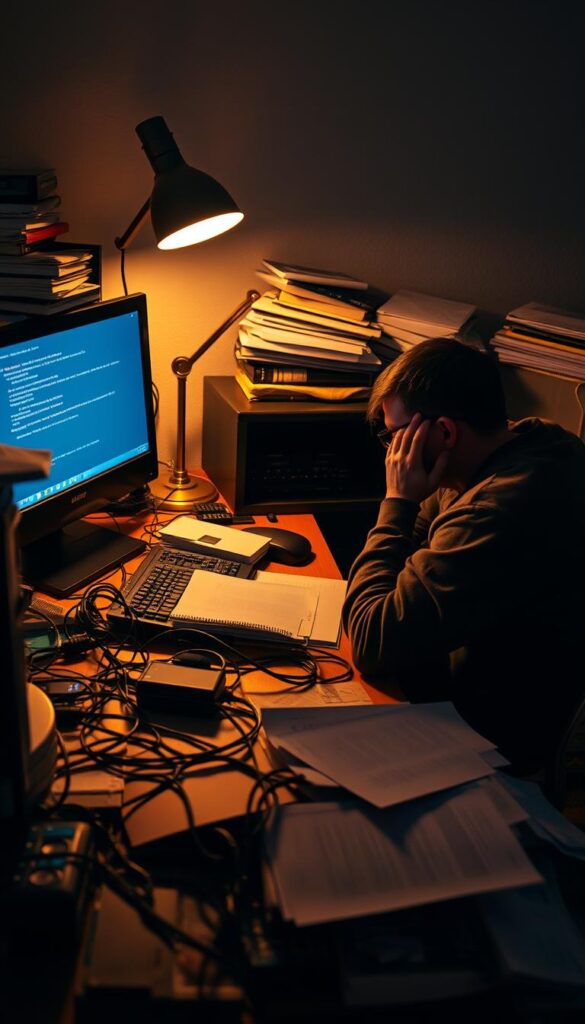 A dimly lit home office with an overflowing desk and tangled cables, a frustrated user struggling with their IPTV abonnement from IPTVANBIETERTV. The computer screen displays error messages, while piles of paperwork and technical manuals clutter the workspace, creating a sense of chaos and disorganization. Soft, warm lighting from a desk lamp casts a moody glow, emphasizing the user's exasperation. The scene conveys the typical problems and challenges associated with IPTV subscriptions, from connectivity issues to billing disputes.