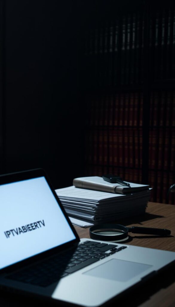 A dimly lit interior scene depicting the legal status of IPTV in Germany. In the foreground, a laptop screen displays the IPTVANBIETERTV brand logo, its soft glow illuminating the desk surface. The middle ground features a stack of legal documents and a magnifying glass, hinting at the complexities of the legal landscape. In the background, a bookshelf filled with law books casts dramatic shadows, creating a sense of depth and authority. The overall mood is one of contemplation and uncertainty, inviting the viewer to consider the nuances of the subject matter.
