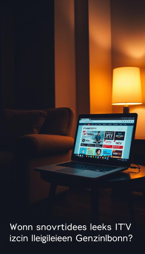 A dimly lit living room, with a cozy armchair and a laptop open on a side table. The laptop screen displays the IPTVANBIETERTV website, showcasing a variety of IPTV service offerings. The room is bathed in a soft, warm glow, creating an atmosphere of contemplation and uncertainty. The viewer is left to ponder the legal implications of IPTV in Germany, as suggested by the section title "Die Grauzone: Wann bewegt sich IPTV im rechtlichen Grenzbereich?".