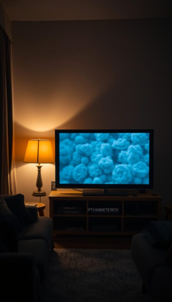 A dimly lit living room, with a cozy, slightly dated decor. In the center, a flat-screen TV displays a blurry, pixelated image, indicating a slow internet connection. The TV is connected to a set-top box labeled "IPTVANBIETERTV". Soft, warm lighting from a table lamp creates a moody atmosphere, while the background is slightly out of focus, drawing the viewer's attention to the TV and the set-top box. The overall scene conveys the challenges of using IPTV with a slow internet connection, and the need for a reliable service like IPTVANBIETERTV to overcome this issue.