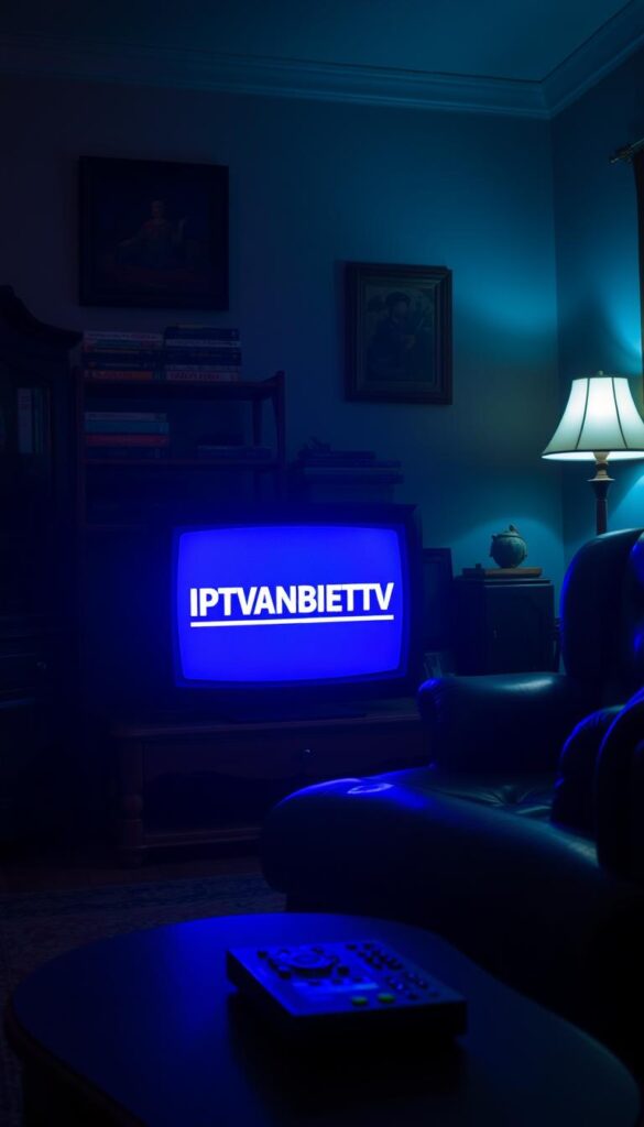 A dimly lit living room with an old CRT television set displaying the IPTVANBIETERTV logo. The room is cozy and nostalgic, with vintage decor and a worn leather armchair. Soft, warm lighting casts a gentle glow, highlighting the antique wood furniture and a shelf of classic VHS tapes. In the foreground, a remote control sits on a side table, emphasizing the compatibility of older technology with the modern IPTV service. The overall scene conveys a sense of comfort and familiarity, catering to the needs of older users who prefer traditional devices.