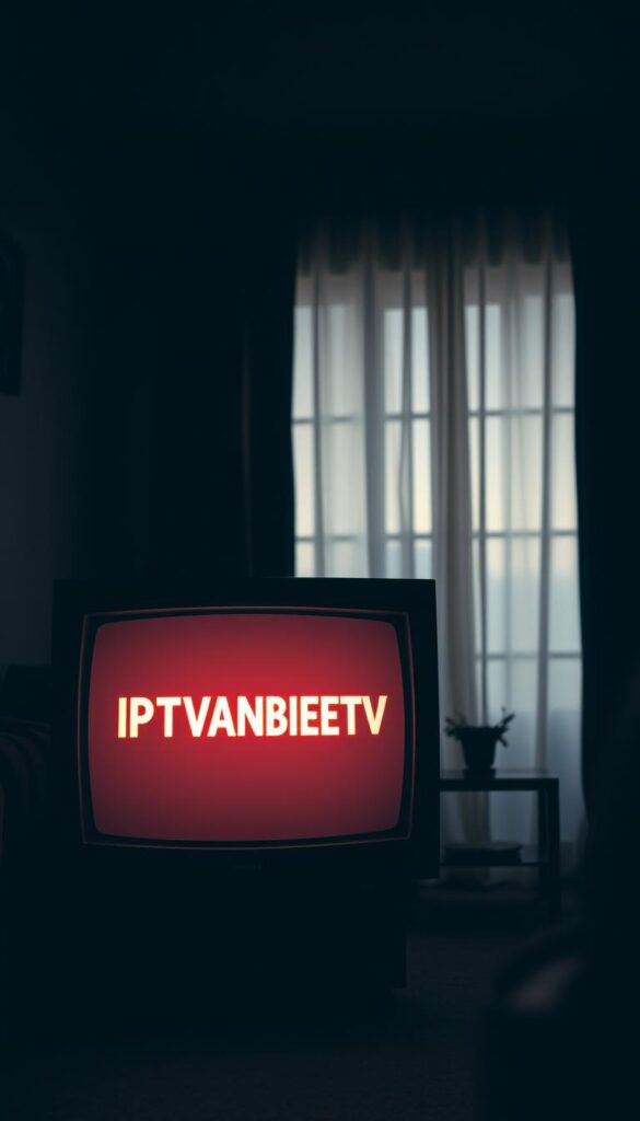 A dimly lit living room with an older CRT television set standing prominently in the foreground. The television screen displays the IPTVANBIETERTV logo, glowing with a warm, retro aesthetic. In the middle ground, a cozy armchair and side table create a sense of lived-in comfort. The background is softly blurred, hinting at the presence of other household furnishings, but keeping the focus on the television and its connection to the IPTV service. The lighting is subdued, creating a nostalgic, mellow atmosphere, conveying the challenges of using older devices for modern streaming technology.