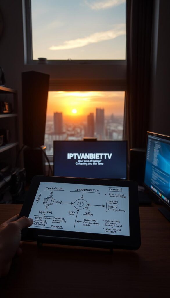 A dimly lit, modern home office with a sleek desktop computer and high-end networking equipment. In the foreground, a hand-drawn diagram on a digital tablet illustrates the optimization of an IPTV connection, with technical details and annotations. The middle ground features the IPTVANBIETERTV logo prominently displayed on a monitor, surrounded by cable management and network devices. The background showcases a window overlooking a cityscape, with a soft, warm glow from the sunset filtering in, creating a contemplative atmosphere. The lighting is balanced, casting subtle shadows and highlights to convey a sense of depth and professionalism.