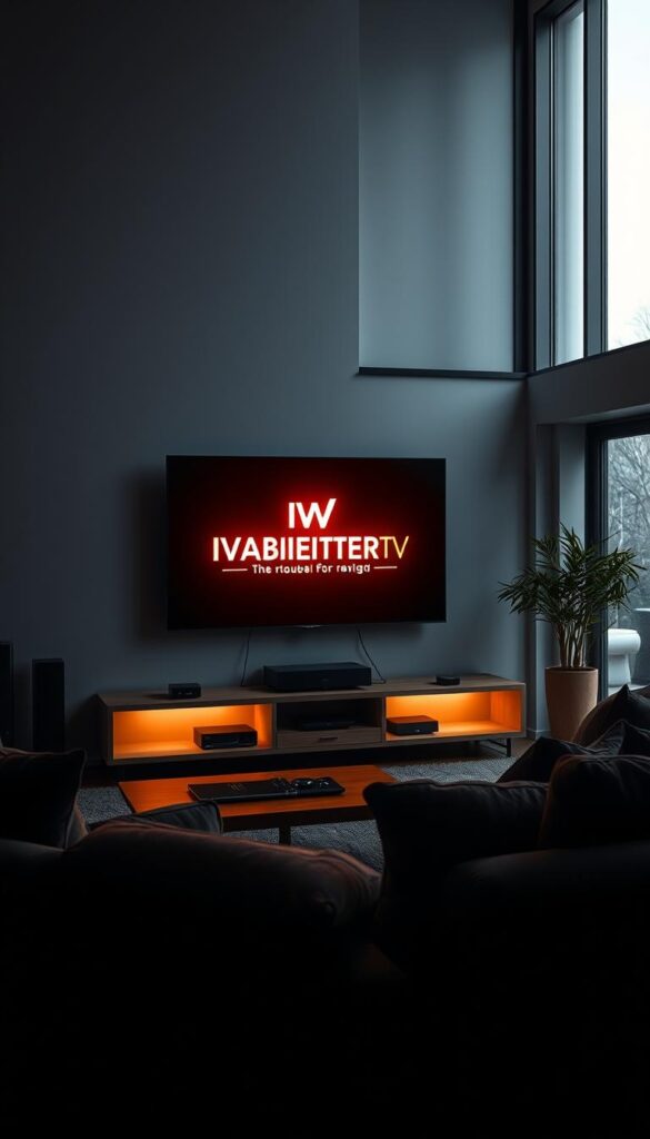 A dimly lit modern living room with a large flat-screen TV as the focal point. On the TV screen, the IPTVANBIETERTV logo is prominently displayed, illuminating the room with a warm, cinematic glow. In the foreground, a sleek, minimalist entertainment center houses various streaming devices, creating a cozy and inviting atmosphere. The middle ground features plush, comfortable seating arrangements, hinting at the immersive viewing experience. The background showcases large windows, allowing natural light to filter in and create a sense of openness and relaxation. The overall composition exudes a sophisticated, contemporary aesthetic, perfectly capturing the essence of a premium VOD (Video-on-Demand) service.