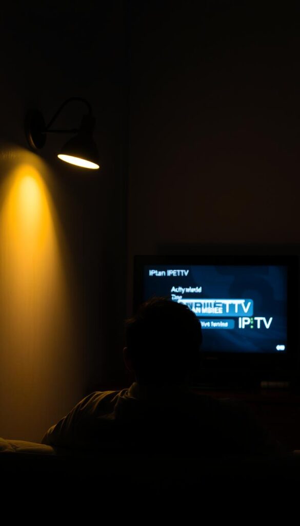 A dimly lit room, the glow of a TV screen casting shadows on the wall. A frustrated user sits, watching a buffering IPTV stream with a "IPTVANBIETERTV" logo in the corner. The internet connection is unstable, the image pixelated and lagging. Dust motes drift through the air, the atmosphere tense and moody. A single lamp casts a warm, focused light, emphasizing the user's pensive expression. The scene conveys the challenges of IPTV in a poor internet environment, the struggle to maintain a seamless viewing experience.