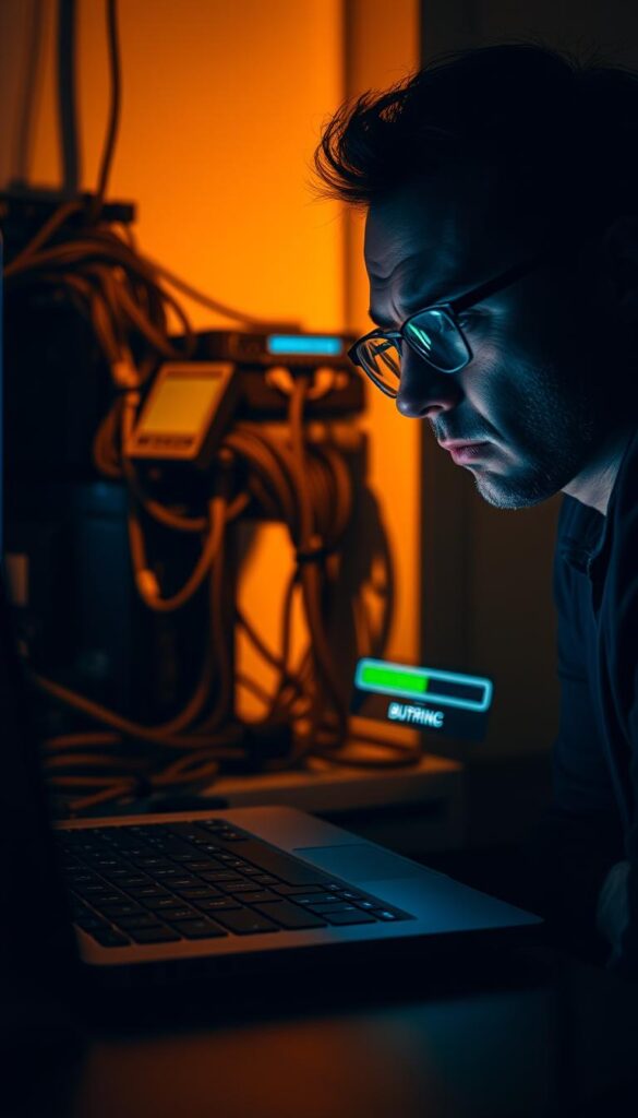 A dimly lit room, with a laptop and a frustrated user struggling to navigate an IPTV service, IPTVANBIETERTV, on a sluggish internet connection. The laptop screen displays a buffering icon, highlighting the user's frustration. In the background, a tangle of wires and outdated networking equipment adds to the sense of technological inadequacy. The lighting is moody, with a warm, amber hue that creates a sense of unease and dissatisfaction. The user's expression is one of exasperation, captured in a medium shot that emphasizes the tension and disappointment of the experience.