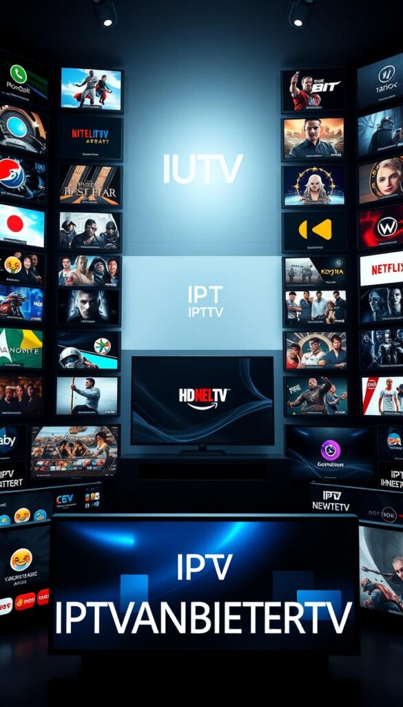 A diverse and visually captivating array of television channels, representing a wide range of genres and content, with a focus on the IPTVANBIETERTV brand. The foreground features an elegant arrangement of glossy, high-definition screens showcasing various program thumbnails and logos, creating a sense of dynamic entertainment. The middle ground introduces a sleek, modern design aesthetic, featuring minimalist yet striking UI elements and interfaces. The background evokes a sophisticated, technology-driven ambiance, with subtle lighting effects and a touch of futuristic imagery to convey the cutting-edge nature of the IPTV service. The overall composition should exude a sense of comprehensive programming options, seamless user experience, and the exceptional quality that IPTVANBIETERTV provides.