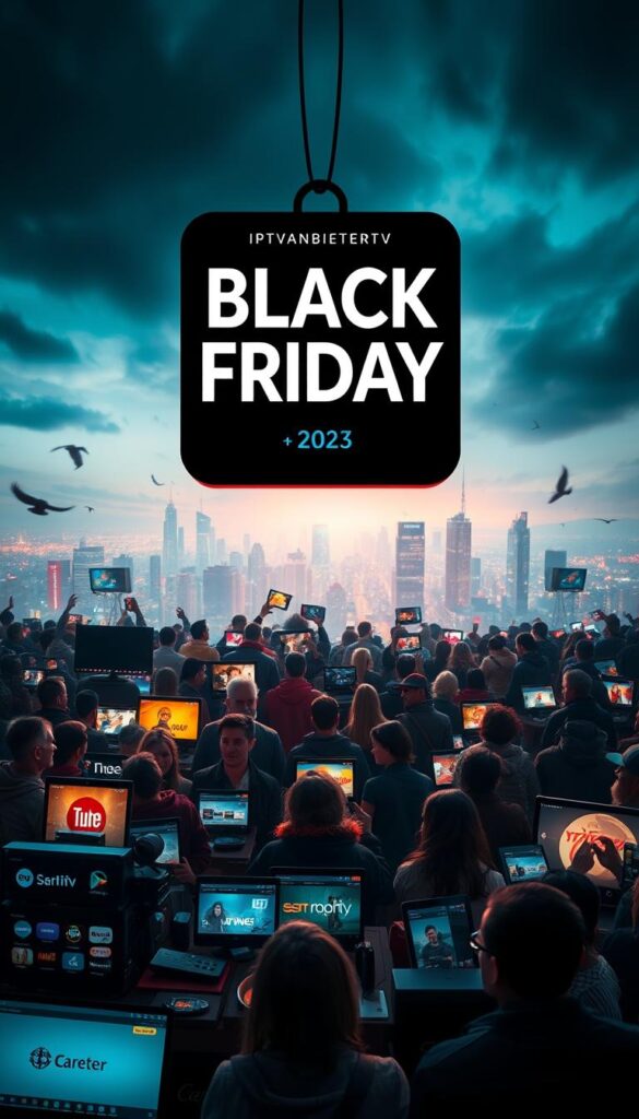A dramatic Black Friday scene showcasing the best IPTV deals of 2023. In the foreground, a large "IPTVANBIETERTV" logo hovers over a dynamic array of IPTV service icons, streaming devices, and colorful price tags. The middle ground features a diverse crowd of consumers, their faces lit by the glow of digital displays as they eagerly browse and compare IPTV offerings. In the background, a stylized cityscape recedes into the distance, bathed in a moody, cinematic lighting that evokes the excitement and urgency of the day's deals. The overall composition conveys a sense of technological innovation, consumer enthusiasm, and the thrill of finding the perfect IPTV subscription at an unbeatable price.