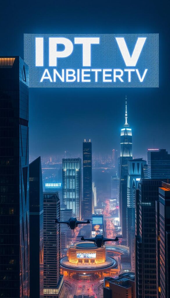 A dramatic, high-tech cityscape at night, with a massive, illuminated holographic display of the text "IPTVANBIETERTV" dominating the skyline. The display casts a futuristic glow over the scene, highlighting sleek, modern architecture and a bustling metropolis below. Tall skyscrapers with intricate, geometric designs stretch towards the sky, while flying vehicles zip between them. The overall atmosphere is one of innovation, progress, and the transformation of traditional television into a cutting-edge, digital experience.