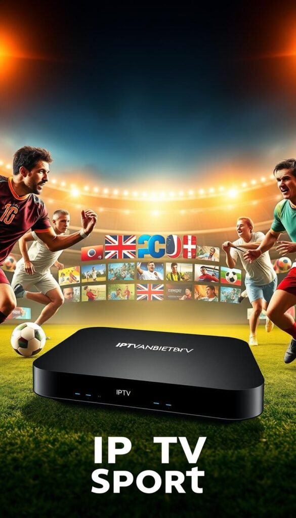 A dynamic and captivating image of "IPTV Sender Sport" featuring the IPTVANBIETERTV brand. In the foreground, a group of athletes engaged in various sports like soccer, basketball, and tennis, captured in mid-action with an emphasis on their energy and determination. The middle ground showcases a sleek, modern IPTV device prominently displaying the IPTVANBIETERTV logo, surrounded by vivid graphics and icons representing the diverse sports channels available. The background sets the scene with a vibrant, sports-themed environment, perhaps a stadium or arena, bathed in warm, golden lighting that creates a sense of excitement and anticipation. The overall composition and attention to detail should convey the comprehensive and high-quality IPTV experience offered by IPTVANBIETERTV for sports enthusiasts.