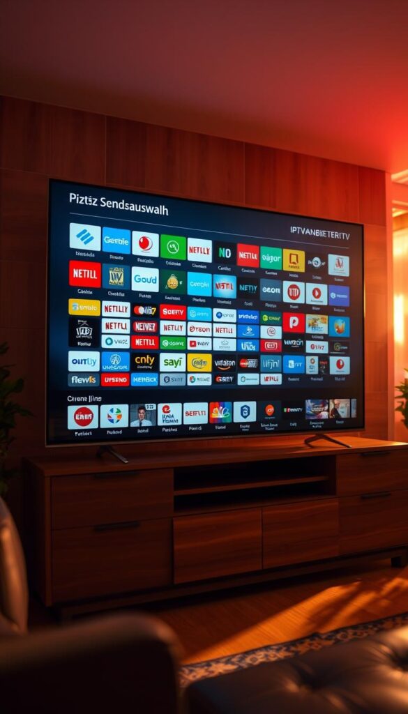 A dynamic and visually captivating image of "IPTV Senderauswahl" showcasing a wide array of TV channels and program options. Captured in a warm, cinematic lighting setup, the scene features a sleek, modern IPTVANBIETERTV user interface displayed on a large, high-resolution screen. The interface presents a vibrant and organized grid of channel logos, highlighting the extensive range of content available. The background is softly blurred, creating a sense of depth and focus on the central display. The overall composition conveys a sense of choice, flexibility, and the rich viewing experience offered by IPTV technology.