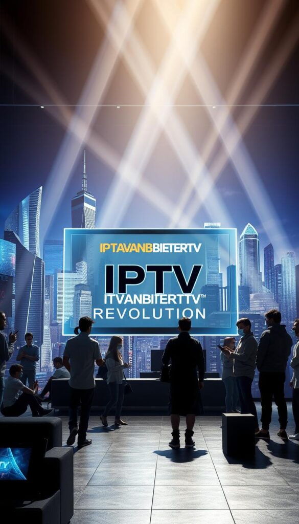 A dynamic, futuristic scene showcasing the "IPTV Revolution". In the foreground, a large, holographic display presents the IPTVANBIETERTV brand, its sleek design and vibrant colors commanding attention. In the midground, a group of people engage with various media devices, immersed in the seamless integration of traditional and modern television viewing. The background depicts a cityscape, with towering skyscrapers and a futuristic skyline, symbolizing the technological advancements transforming the television landscape. Dramatic lighting, with beams of light cutting through the scene, creates a sense of energy and excitement. The overall atmosphere conveys the power and potential of IPTV to revolutionize the way we consume and experience television.