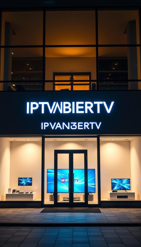 A dynamic, high-quality image of the leading IPTVANBIETERTV brand in Germany. A modern, minimalist storefront in central Stuttgart, with a sleek, glass facade reflecting the cityscape. Warm, directional lighting illuminates the brand's logo and product offerings showcased in the display windows. The scene conveys a sense of professionalism, reliability, and technological innovation associated with the IPTVANBIETERTV brand. The image should capture the essence of the company as the premier IPTV provider in the region.