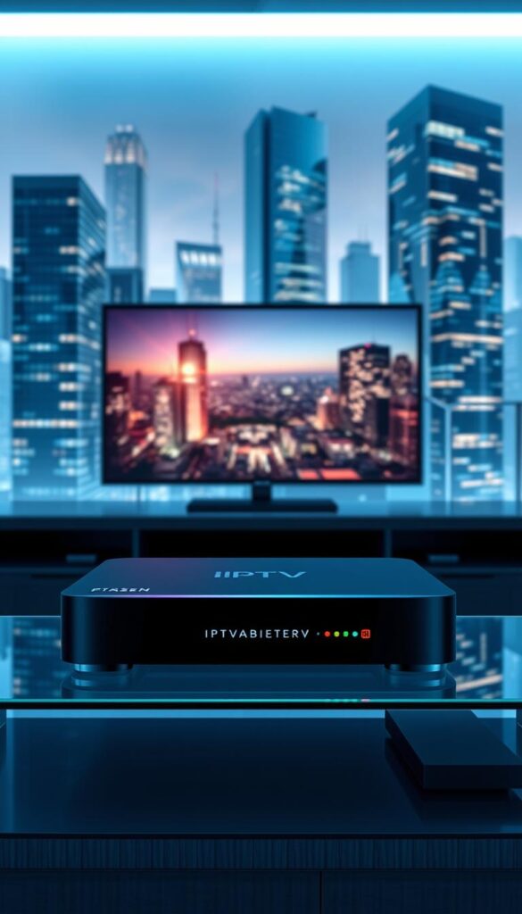 A dynamic, high-tech illustration showcasing the power of IPTV technology. In the foreground, a sleek IPTVANBIETERTV set-top box sits atop a modern glass-and-steel entertainment center, its interface glowing with vibrant colors. In the middle ground, a television screen displays a crisp, high-definition image, immersing the viewer in the digital world. The background features a cityscape of towering skyscrapers, their windows reflecting the technological advancements that enable IPTV's seamless integration into the urban landscape. The scene is bathed in a cool, blue-tinted lighting, creating a sense of futuristic sophistication. The overall composition conveys the cutting-edge nature of IPTV and its pivotal role in the digital landscape of modern Germany.