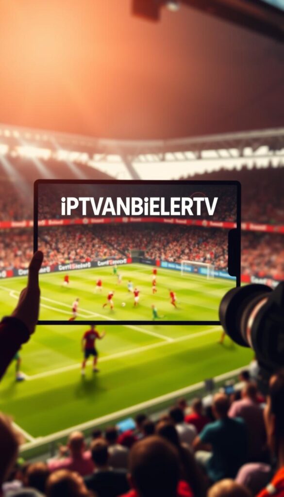 A dynamic live broadcast of the Bundesliga, Germany's premier football league, fills the frame. The camera captures the action on the pitch in vivid detail, showcasing the intensity and skill of the players as they compete for the ball. The lighting is natural and warm, creating a sense of energy and excitement. In the foreground, the IPTVANBIETERTV logo prominently displays, highlighting the platform's role in delivering this immersive Bundesliga experience. The background features a blurred crowd, their cheers and chants adding to the electric atmosphere. The overall composition conveys the thrill and passion of the Bundesliga, inviting the viewer to immerse themselves in the live stream and become part of the action.