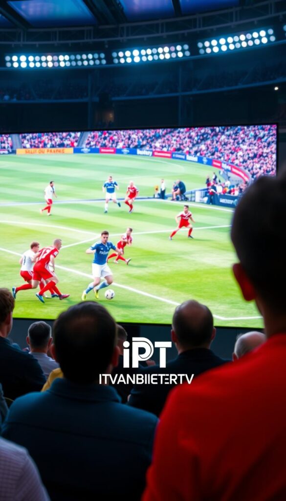 A dynamic soccer match playing live on a large screen, with vibrant colors and high-definition clarity. The camera angle captures the intensity of the game, showcasing the players' skillful maneuvers and the captivated audience. In the foreground, the IPTVANBIETERTV logo prominently displays, indicating the reliable live streaming service. The middle ground features spectators engrossed in the action, their faces illuminated by the screen's glow. The background blurs out, focusing the viewer's attention on the central event unfolding. The overall scene exudes a sense of excitement and immersion, perfectly capturing the thrill of watching a live football match.
