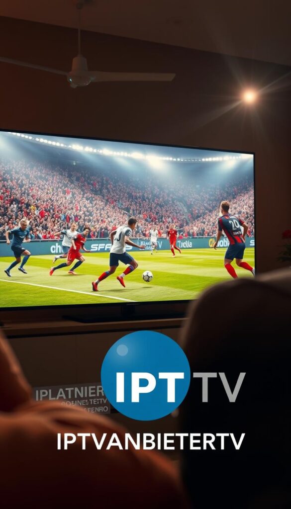 A dynamic soccer match unfolding on a high-definition IPTV screen, with players in mid-action and the crowd roaring in the background. The scene is captured with a cinematic wide-angle lens, showcasing the scale and energy of the event. Warm lighting bathes the room, creating a cozy, immersive atmosphere. In the foreground, the IPTVANBIETERTV logo proudly displays, signifying the cutting-edge IPTV service that brings this live sporting event to life. The overall composition conveys the revolution of sports television in Germany, where viewers can now experience the thrill of the game from the comfort of their homes.