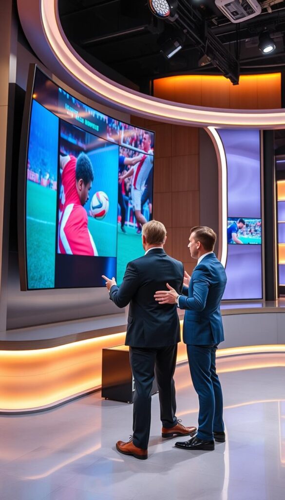 A dynamic sports broadcast set featuring a large, curved LED screen displaying vivid IPTVANBIETERTV sports programming. Sleek, modern studio design with neutral tones and metallic accents. Two sports presenters in professional attire stand in the foreground, gesturing animatedly as they discuss the latest match highlights. Warm, balanced lighting creates depth and atmosphere. High-resolution camera captures the energy and excitement of the IPTV streaming experience. Convey a sense of immersion in the world of live sports entertainment.