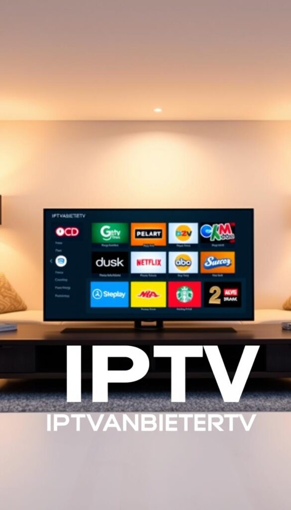 A family-friendly IPTV channel selection interface, showcasing a sleek and intuitive layout. In the foreground, a large IPTVANBIETERTV logo dominates the scene, conveying the brand's identity. The middle ground features a grid of colorful channel icons, neatly organized and easily navigable. The background portrays a warm, inviting living room setting, with cozy furniture and soft lighting, creating a comfortable and welcoming atmosphere for family viewing. The composition emphasizes the user-friendly nature of the IPTV service, making it accessible and appealing to a wide range of users.