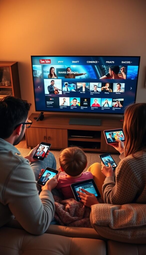 A family gathered around multiple screens, enjoying their favorite IPTV content on a range of devices - smartphones, tablets, and a large IPTVANBIETERTV smart TV. The living room is bathed in warm, natural lighting, creating a cozy and inviting atmosphere. The scene showcases the flexibility and convenience of IPTV, allowing everyone to access their content simultaneously, catering to different preferences and needs. The overall composition conveys a sense of togetherness and shared entertainment, highlighting the "Mehrere Geräte gleichzeitig nutzen" experience.