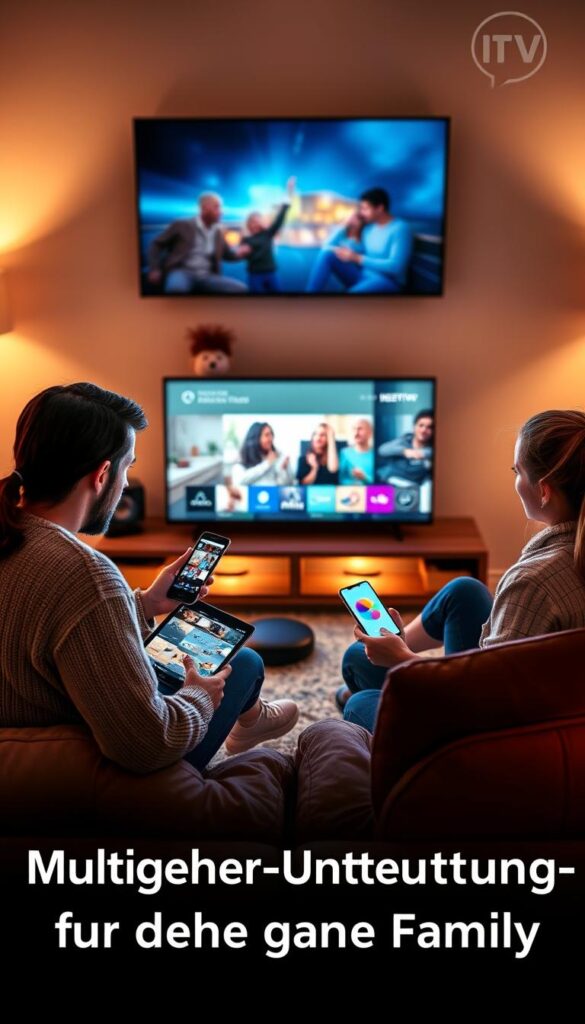 A family of four gathered around a cozy living room, each using a different device - a smart TV, a tablet, a smartphone, and a laptop. The room is bathed in warm, soft lighting, creating a comfortable and inviting atmosphere. The devices are seamlessly connected, showcasing the IPTVANBIETERTV brand's reliable multidevice support. The scene captures the essence of a modern, tech-savvy household, where everyone can enjoy their favorite content simultaneously, reflecting the "Multigeräte-Unterstützung für die ganze Familie" section of the article.
