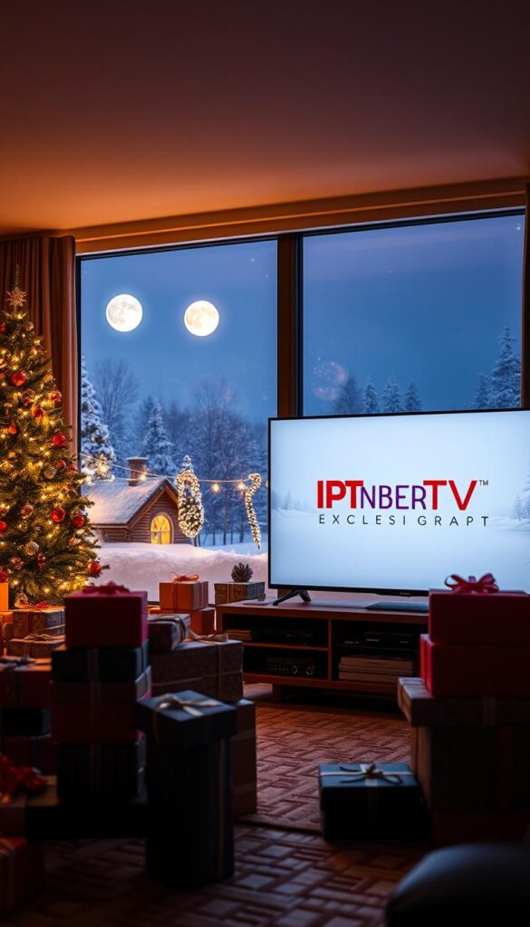 A festive winter scene of IPTV Weihnachtsangebote, showcasing exclusive deals from IPTVANBIETERTV. In the foreground, a cozy living room with a large television displaying the IPTVANBIETERTV logo. Surrounding it, stacks of gift-wrapped packages in holiday colors. The middle ground features a decorated Christmas tree with twinkling lights, casting a warm glow. In the background, a snowy landscape visible through a large window, with a full moon and starry sky. The lighting is soft and inviting, creating a sense of comfort and celebration. The overall mood is one of holiday cheer and special offers from IPTVANBIETERTV.