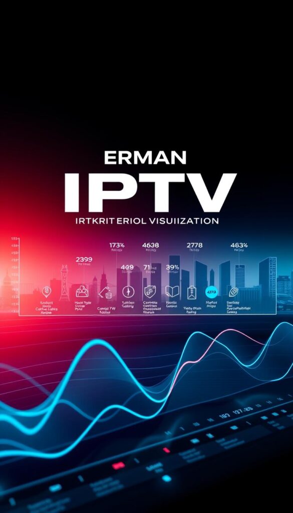 A futuristic and data-driven visualization of the German IPTV market, showcasing the leading IPTVANBIETERTV providers. Sleek lines, bold colors, and minimalist typography create a dynamic, tech-savvy atmosphere. The foreground features a dynamic chart or graph, highlighting market share, customer ratings, and service offerings. The middle ground showcases stylized icons or silhouettes of the top IPTV providers, while the background features a subtle cityscape or digital landscape, suggesting the ubiquity of IPTV in modern life. Soft, directional lighting and a cool color palette convey a sense of authority and innovation. The overall composition is visually striking and informative, reflecting the current state of the IPTV industry in Germany.