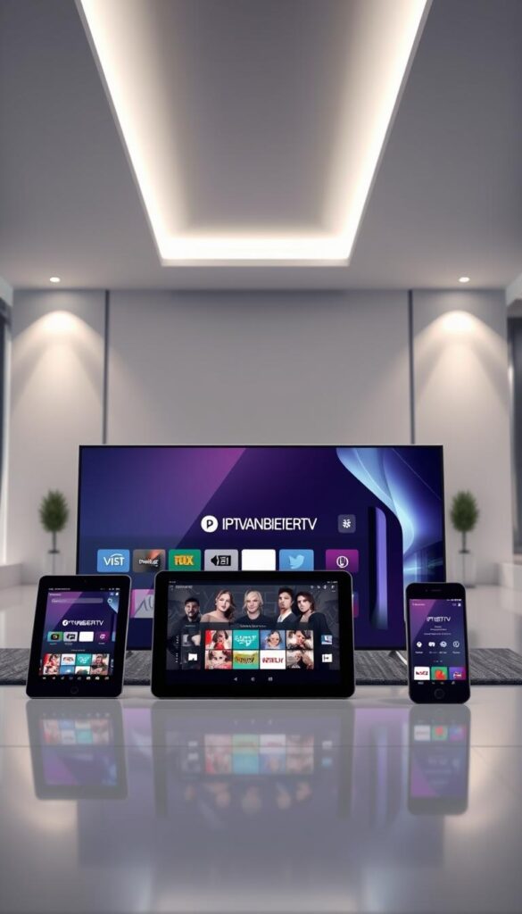 A futuristic and high-tech scene depicting the ease of accessing adult IPTV content on various devices. In the foreground, a sleek and stylish smart TV showcases the IPTVANBIETERTV brand interface, highlighting the seamless integration of adult channels. In the middle ground, a tablet and a smartphone display the same IPTV interface, demonstrating the cross-device compatibility. The background features a minimalist and modern interior, with clean lines and subtle lighting, creating an elegant and inviting atmosphere. The scene conveys the simplicity and versatility of the IPTV system, allowing users to enjoy adult entertainment effortlessly on their preferred devices.