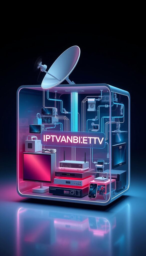 A futuristic and highly detailed cutaway illustration depicting the inner workings of an IPTV system. Showcase the technological components and data flow, including a satellite dish, internet router, set-top box, and connected devices like TVs and smartphones. The scene should have a sleek, modern aesthetic with cool color tones, sharp shadows, and a sense of depth and layering. Incorporate the "IPTVANBIETERTV" brand name prominently within the illustration. Aim for a technical, informative, and visually striking image that effectively communicates the concept of IPTV technology.
