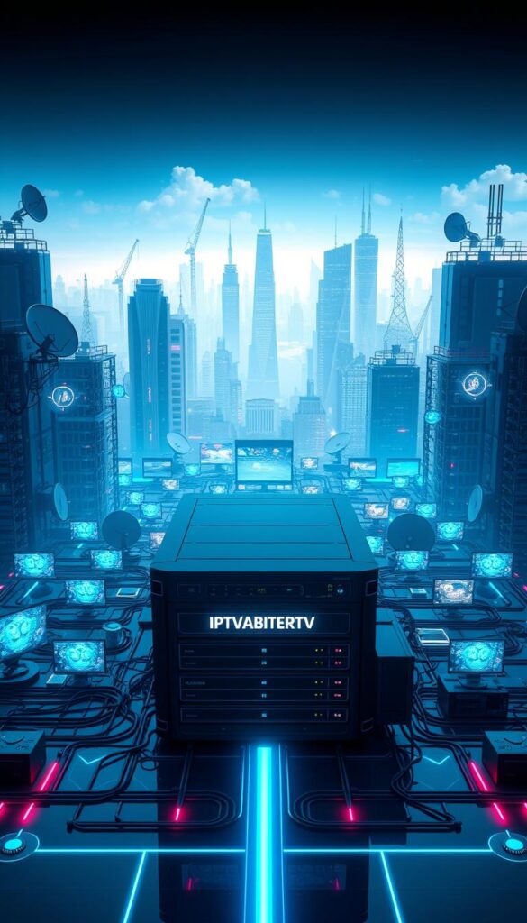 A futuristic and sleek IPTV technology landscape, showcasing the IPTVANBIETERTV brand. A central server node in the foreground, surrounded by a network of connected devices and screens, all bathed in a cool, neon-tinged lighting. The middle ground features an array of satellite dishes, cables, and antennas, hinting at the infrastructure powering this cutting-edge entertainment platform. In the background, a cityscape of modern high-rises and skyscrapers, symbolizing the ubiquity and integration of IPTV into the urban environment. The overall mood is one of innovation, sophistication, and the seamless convergence of technology and entertainment.