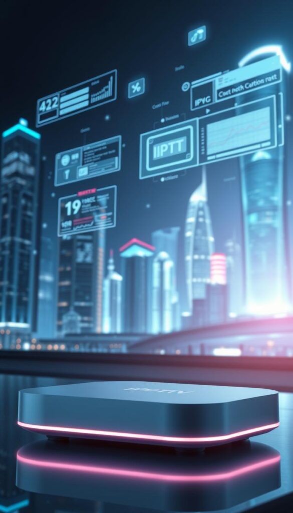 A futuristic and technologically advanced scene depicting IPTV Technologie. In the foreground, a sleek and modern IPTVANBIETERTV set-top box with clean lines and a minimalist design, glowing with a soft, ambient light. In the middle ground, holographic interfaces and data visualizations float in the air, conveying the dynamic and interconnected nature of IPTV. In the background, a cityscape of towering skyscrapers and gleaming, high-tech infrastructure, illuminated by a cool, blue-tinted lighting that gives the scene a sense of technological sophistication. The overall mood is one of innovation, progress, and the seamless integration of digital media in the modern world.
