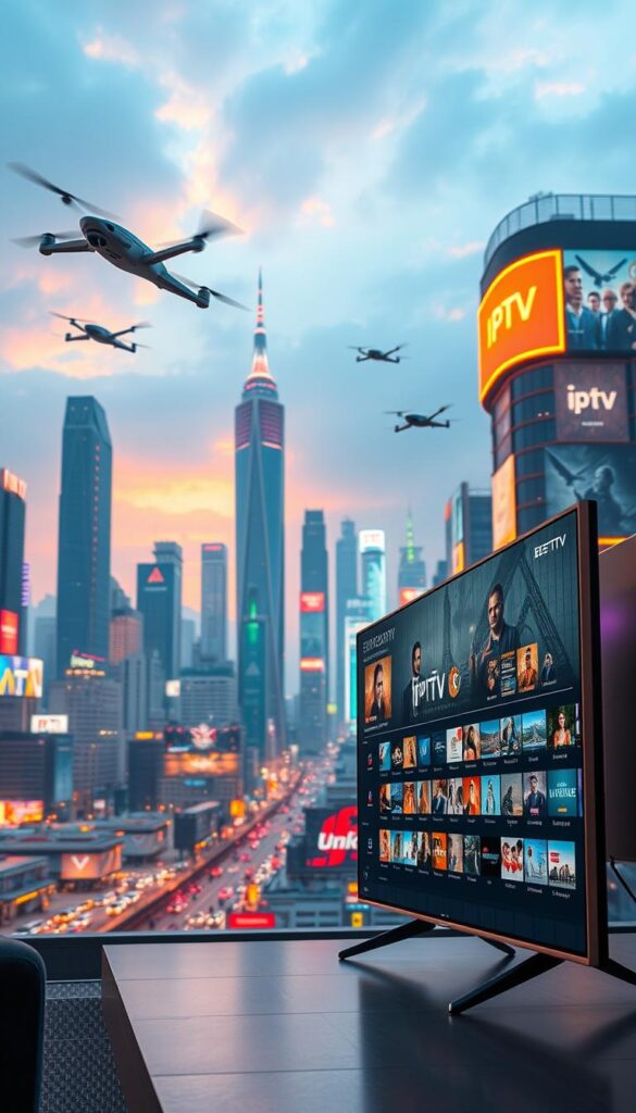 A futuristic cityscape set in 2024, showcasing the latest IPTV trends and innovations. In the foreground, a sleek, ultramodern IPTVANBIETERTV smart TV commands attention, its display showcasing a diverse array of streaming content. The middle ground features a bustling metropolis, with towering skyscrapers, hovering drones, and holographic billboards advertising the latest IPTV services. The background is a vibrant, neon-lit skyline, bathed in a warm, futuristic glow, hinting at the advanced technology that will shape the IPTV landscape in the years to come. The overall scene conveys a sense of progress, connectivity, and the seamless integration of IPTV into the fabric of everyday life.