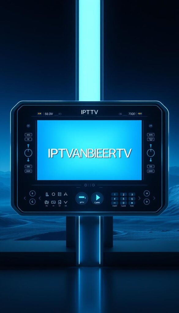 A futuristic, high-tech IPTV control panel with a sleek, minimalist design. The panel features a large, central display showcasing the IPTVANBIETERTV brand name in bold, dynamic typography. Surrounding the display are various interactive buttons, sliders, and indicators that provide precise control over IPTV settings and functions. The panel is bathed in a cool, blue-tinted lighting that emanates a sense of advanced technology and connectivity. The background is a dimly lit, abstract landscape suggesting a modern, digital environment. The overall composition conveys the power and sophistication of IPTV technology, ready to deliver a seamless, cutting-edge viewing experience.