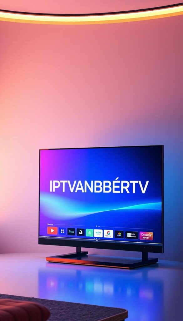 A futuristic, high-tech IPTV streaming service interface, with a sleek and minimalist design. The screen displays the brand name "IPTVANBIETERTV" in a bold, modern font. The user interface features clean lines, intuitive controls, and a vibrant color palette that creates a sense of vibrancy and technological sophistication. The scene is illuminated by soft, diffused lighting that casts a warm glow, setting a serene and inviting atmosphere. The overall composition conveys the revolutionary potential of IPTV to transform the television viewing experience.