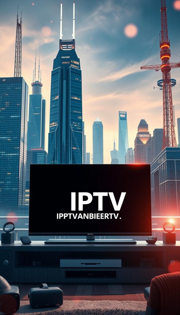 A futuristic, high-tech city skyline with gleaming skyscrapers and advanced telecommunication infrastructure. In the foreground, a sleek, modern television set displaying the IPTVANBIETERTV brand logo, surrounded by various smart home devices and virtual reality headsets. The scene is bathed in a warm, futuristic glow, with subtle lens flares and a cinematic depth of field, conveying a sense of technological progress and the revolutionary impact of IPTV on the future of television.