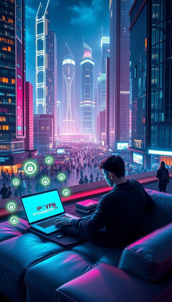 A futuristic, high-tech cityscape with towering skyscrapers and a vibrant, neon-lit atmosphere. In the foreground, a user sits comfortably on a sleek, modern couch, intently focused on a laptop displaying the IPTVANBIETERTV logo. Glowing VPN symbols and data visualization elements surround the user, highlighting the secure and private nature of their online experience. The middle ground features a bustling urban landscape, with people going about their daily lives, unaware of the digital protections in place. The background showcases a nighttime skyline, with the city lights reflecting off the windows of the tall buildings, creating a sense of technological advancement and innovation. The lighting is dramatic, with a mix of cool and warm tones, adding depth and visual interest to the scene.