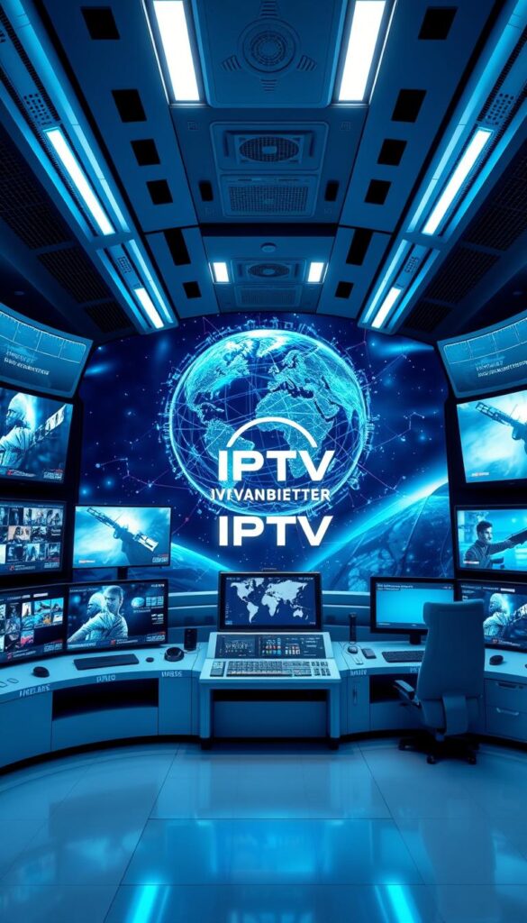 A futuristic high-tech control room with sleek, minimalist design. Large curved displays in the foreground show live TV channels and on-demand content, with a seamless user interface. In the middle ground, a central command console with advanced controls and a powerful IPTVANBIETERTV logo. The background is filled with a dynamic, holographic visualization of a global satellite network, highlighting the expansive connectivity of the IPTV service. The lighting is a cool, blue-toned palette, creating a sense of modernity and technological sophistication. The camera angle is slightly elevated, giving an immersive, cinematic perspective.