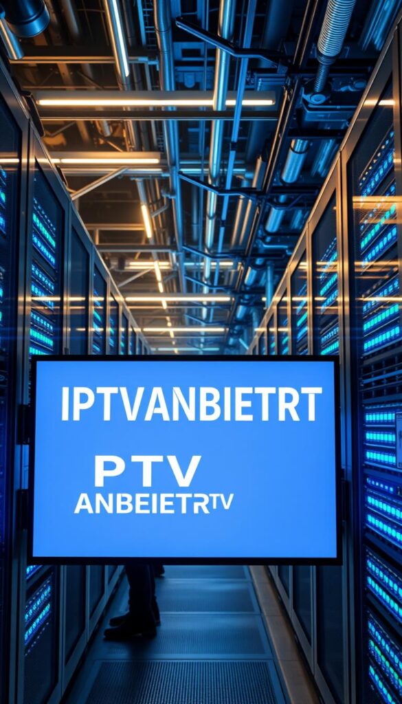A futuristic, high-tech datacenter filled with rows of sleek server racks, pulsing with blue and green LED lights. In the foreground, a large display screen prominently features the bold logo "IPTVANBIETERTV", showcasing the company's IPTV services. The environment is illuminated by a cool, futuristic lighting setup, casting dramatic shadows and highlights across the scene. The background is filled with towering metal structures, conveying a sense of scale and industrial power. The overall mood is one of advanced technology, efficiency, and digital connectivity, reflecting the innovative nature of IPTV in Deutschland.