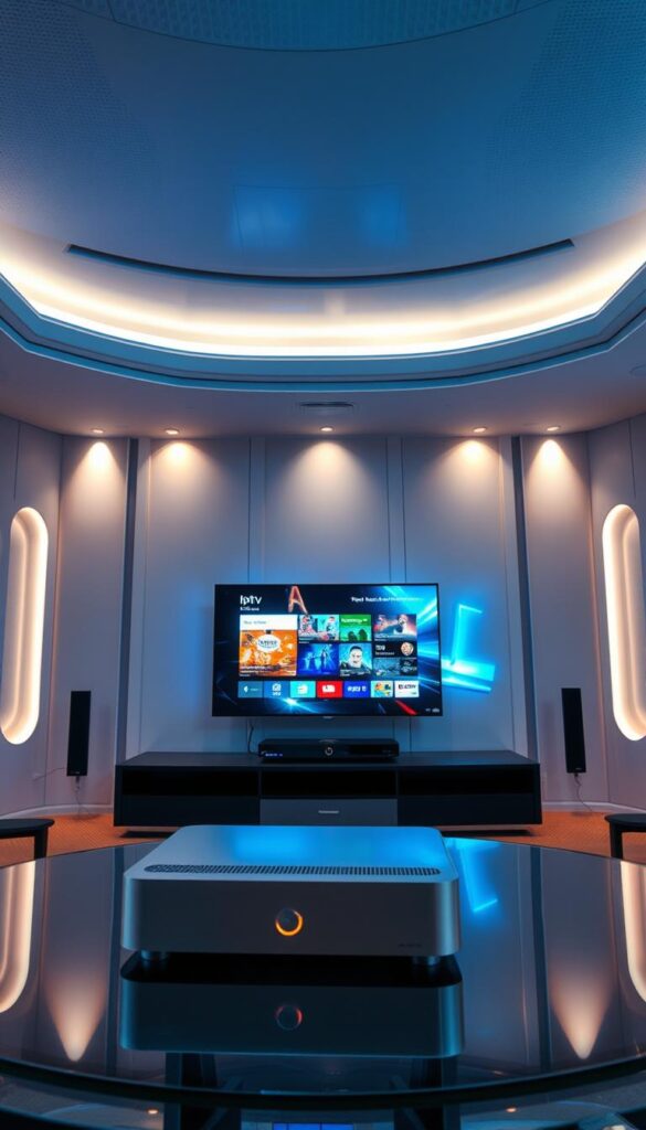 A futuristic, high-tech interior with minimalist design elements. In the center, a sleek, silver IPTVANBIETERTV device sits on a glass-topped table, its display showcasing a vibrant, dynamic IPTV interface. The walls are adorned with modern, geometric patterns, and soft, diffused lighting emanates from recessed fixtures, creating a warm, inviting atmosphere. The room is bathed in a cool, blue-tinted palette, evoking a sense of cutting-edge technology. The camera angle is slightly elevated, capturing the IPTVANBIETERTV device in the foreground with the rest of the scene providing context and depth.