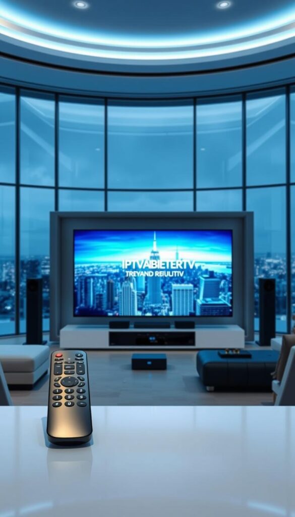 A futuristic, high-tech scene showcasing the cutting-edge IPTV revolution. Sleek, minimalist living room with a massive 4K OLED TV as the centerpiece, displaying the IPTVANBIETERTV brand logo. Ambient blue lighting casts a serene glow, complemented by a hidden surround sound system. In the foreground, a high-end remote control with touchscreen and voice commands. The middle ground features a smart home hub, seamlessly integrating IPTV with other connected devices. The background reveals a sprawling city skyline through floor-to-ceiling windows, symbolizing the boundless entertainment possibilities of IPTV. Photorealistic rendering with a cinematic depth of field, highlighting the transformative power of this technology.