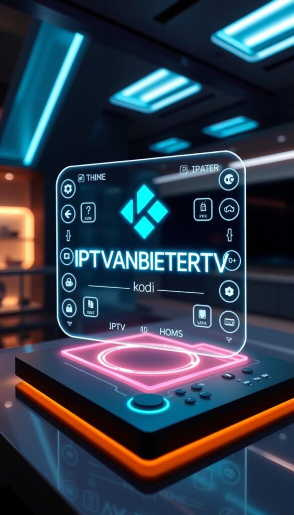 A futuristic, holographic display showcasing the IPTVANBIETERTV brand name prominently in the center. The display is surrounded by a sleek, minimalist interface with various icons and controls, representing the functionality of the IPTV service for Kodi. The background features a modern, high-tech setting with subtle lighting effects, conveying a sense of innovation and technology. The overall scene should evoke a clean, sophisticated, and user-friendly IPTV experience tailored for the Kodi media center.