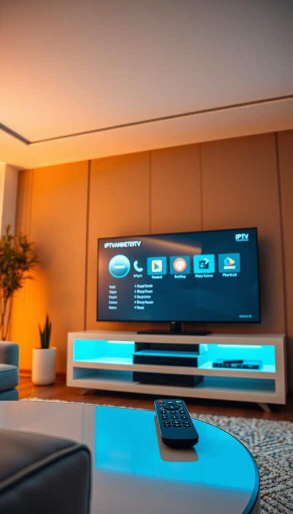A futuristic living room with a large, high-definition television screen displaying a sleek and modern IPTV interface. The room is bathed in warm, soft lighting, creating a cozy and immersive atmosphere. On the coffee table, a remote control with the "IPTVANBIETERTV" logo is prominently featured. The walls are adorned with minimalist decor, complementing the overall minimalist and technologically advanced aesthetic. The scene conveys a sense of convenience, entertainment, and the seamless integration of IPTV into the modern home.