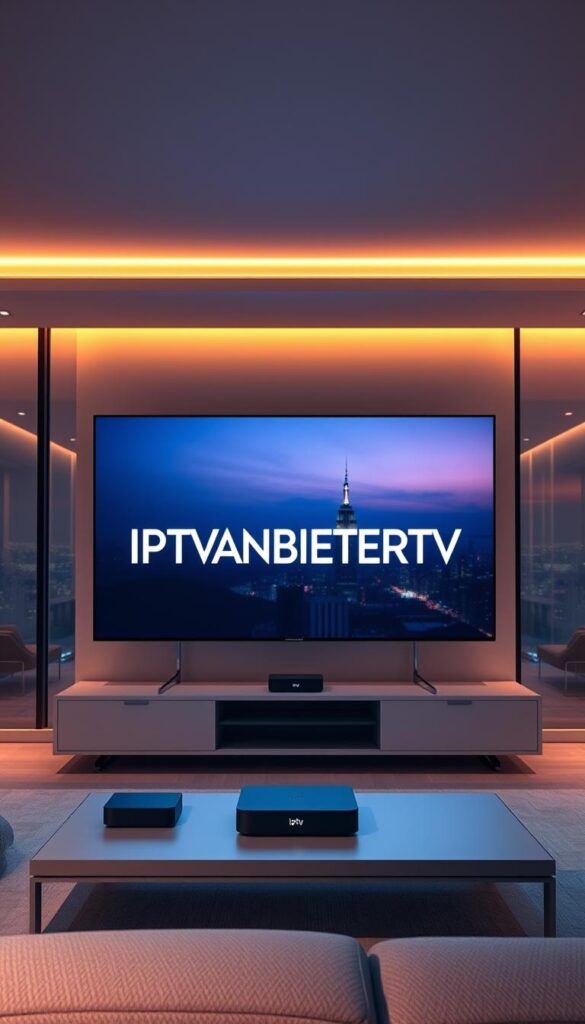 A futuristic, minimalist living room with a large OLED TV displaying the bold brand name "IPTVANBIETERTV" in a sleek, modern typeface. The room is bathed in warm, soft lighting from discreet sources, creating a cozy, inviting atmosphere. In the foreground, a few premium streaming devices sit atop a low, elegant media console, while the background features floor-to-ceiling windows overlooking a cityscape at dusk. The overall scene conveys a sense of technological sophistication and the promise of a seamless, immersive entertainment experience.