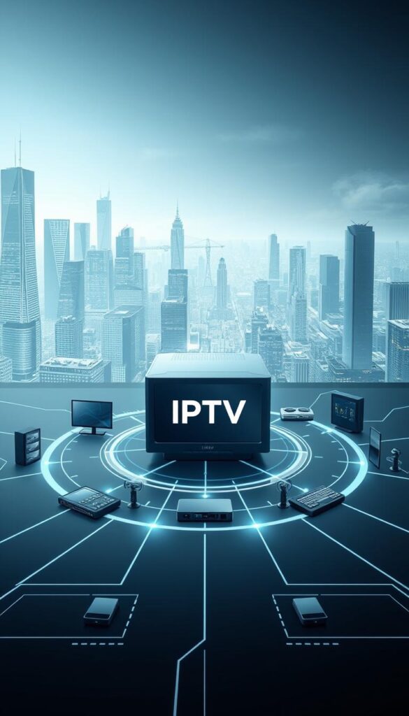 A futuristic, technical diagram illustrating the IPTV Funktionsweise. In the foreground, a central hub representing the IPTVANBIETERTV service, surrounded by various connected devices like smart TVs, phones, and tablets. The middle ground depicts data streams and wireless signals flowing between the hub and devices, visualizing the transmission of content. In the background, a cityscape with skyscrapers and technological infrastructure, conveying the scale and infrastructure required for IPTV. The scene is rendered in a sleek, high-tech style with cool, muted colors and clean lines, emphasizing the modern and efficient nature of the IPTV system.