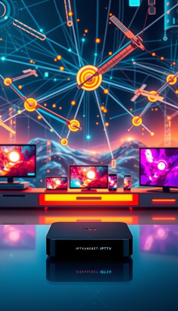 A futuristic, technical illustration of the IPTV technology. In the foreground, a sleek, minimalist IPTVANBIETERTV set-top box with glowing LED indicators. The middle ground depicts a network of interconnected devices, including smart TVs, smartphones, and tablets, all seamlessly streaming high-quality video. In the background, a stylized visualization of the internet infrastructure, with data streams and satellite transmissions creating a dynamic, cyberpunk-inspired landscape. The scene is bathed in a warm, fluorescent glow, conveying a sense of advanced, cutting-edge technology. The overall mood is one of efficiency, connectivity, and the future of home entertainment.