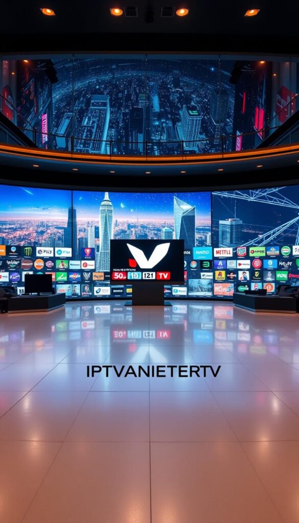 A grand, panoramic view of a modern media hub with a vast array of entertainment options. In the foreground, the prominent IPTVANBIETERTV logo stands tall, its sleek design commanding attention. The middle ground showcases a vibrant display of channel icons, representing the breadth of programming available. In the background, a gleaming cityscape with futuristic skyscrapers and a vibrant night sky, evoking a sense of technological innovation and limitless possibilities. Soft, warm lighting illuminates the scene, creating a welcoming and inviting atmosphere. The composition is balanced, with a clean, minimalist aesthetic that highlights the key features of the IPTVANBIETERTV service.