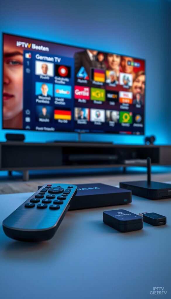 A high-contrast, cinematic image of an IPTV service provider titled "IPTVANBIETERTV". The scene depicts a sleek, modern media center with a large, high-definition TV screen displaying a vibrant selection of German TV channels. The foreground features a minimalist, brushed metal remote control, lending an air of premium quality. The middle ground showcases various streaming devices, including a state-of-the-art set-top box and a compact, discreet dongle. The background is filled with a soft, blue-tinted gradient, creating a sense of depth and emphasizing the technological focus. The overall composition conveys a sense of sophistication, convenience, and the comprehensive nature of the IPTV service.